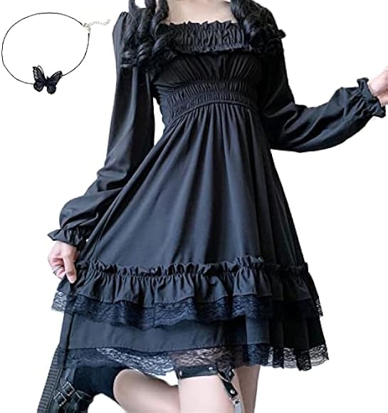Amazon.co.jp: [SUNNYSTEP] 【サニーステップ】ゴシック コスプレ ロリータ ワンピース S〜6XL ブラック 黒色 長袖  ロリィタ バタフライチョーカー付き フリル レース シンプル 大きいサイズ ひざ丈 : ファッション